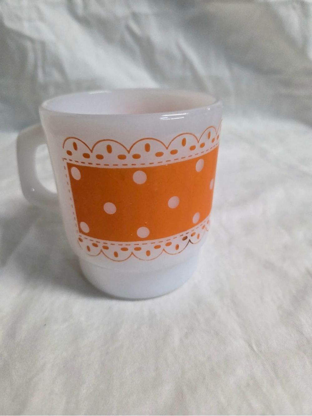 Fire King White Milk Glass Mug with Orange Polka Dot Band
